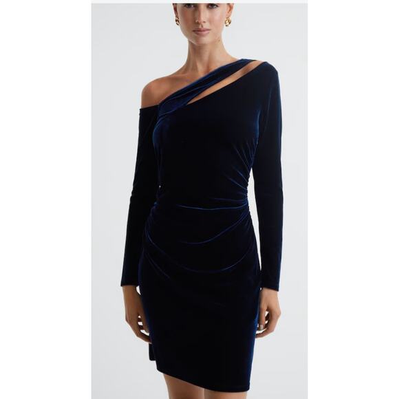 REISS Camilla Blue Velvet Off the Shoulder Mini Dress Size 6 NEW - Picture 10 of 11